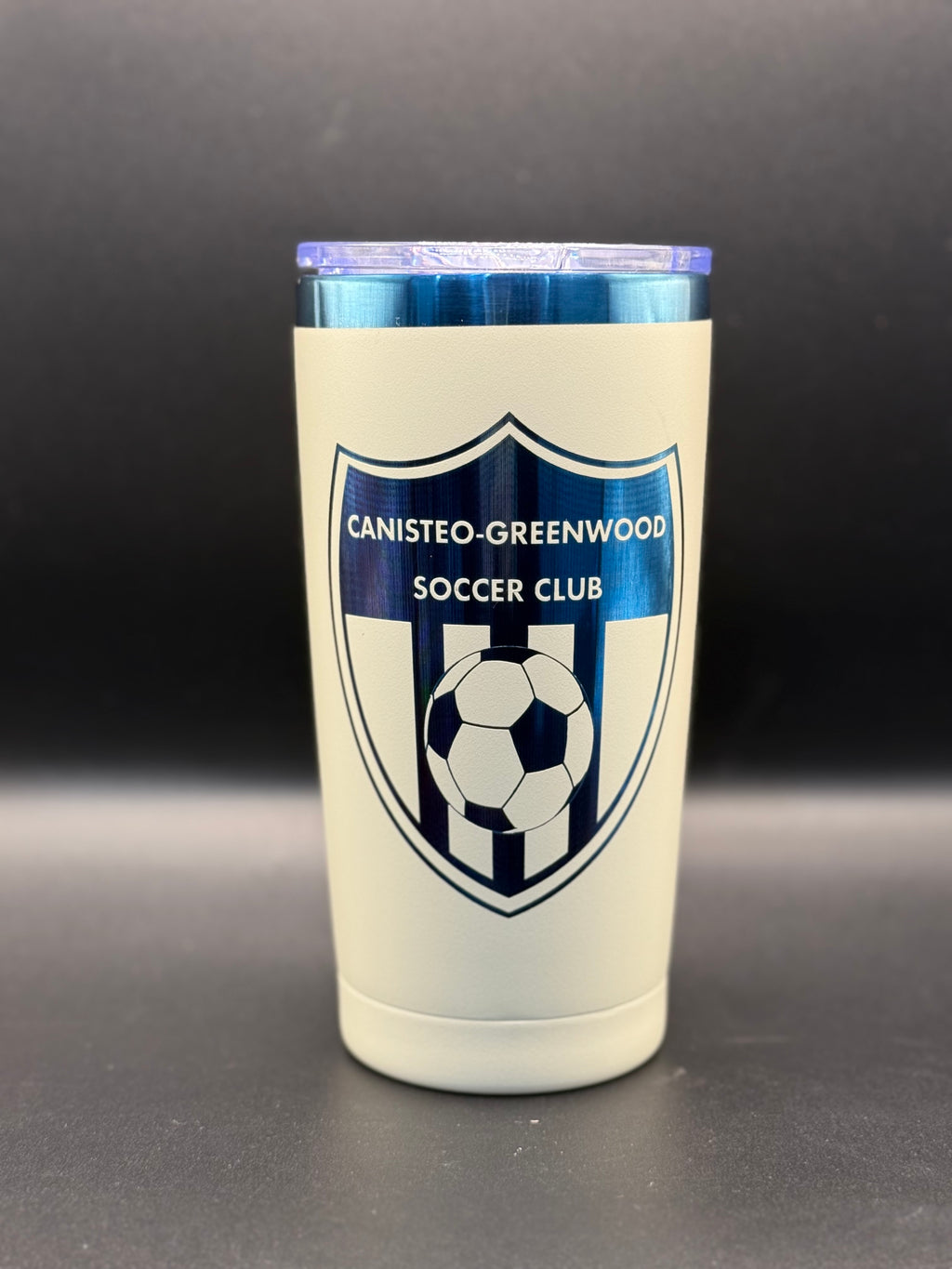 Canisteo-Greenwood Soccer Club Engraved Blue-Plated Tumbler – Cream (20 oz)