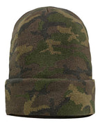 Camouflage knit cuff beanie in dark olive and brown with folded cuff