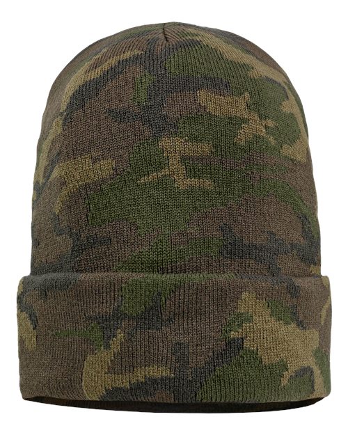Camouflage knit cuff beanie in dark olive and brown with folded cuff