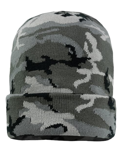 Gray camo knit cuff beanie with folded cuff