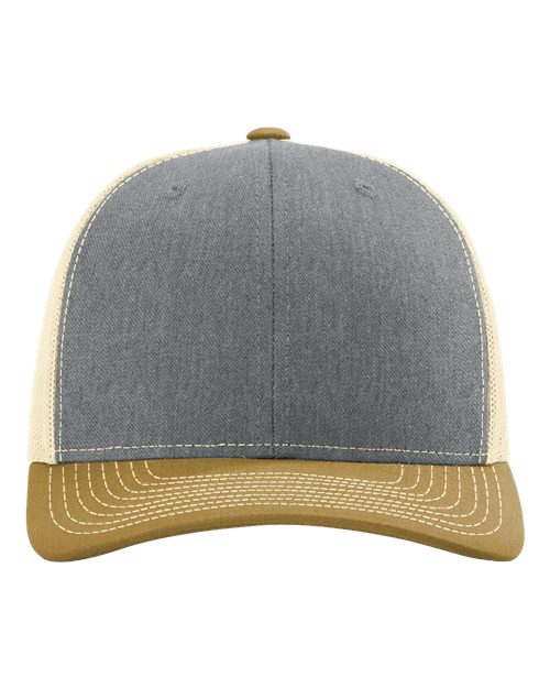 Two-tone trucker hat with blue-gray front, tan mesh sides, and tan curved brim