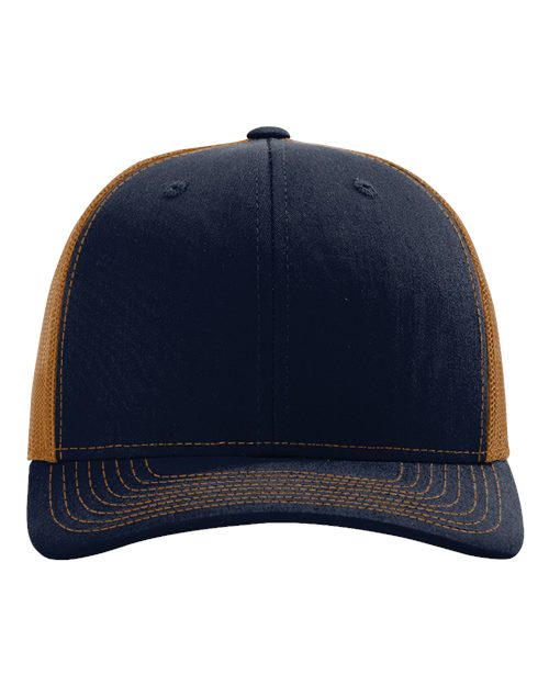 Richardson 112 trucker cap, navy front with tan mesh sides and curved brim