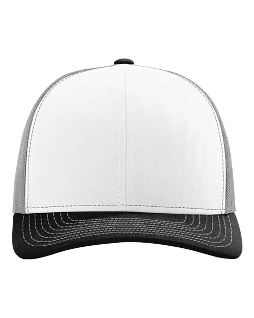 Baseball cap with white crown and black curved brim, black top button