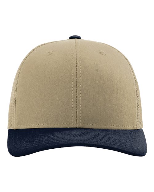Two-tone baseball cap with beige crown and dark blue brim