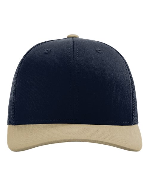 Two-tone baseball cap with dark navy crown and tan curved brim