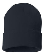 12-inch cuff beanie in dark black knit with folded cuff and seam detail