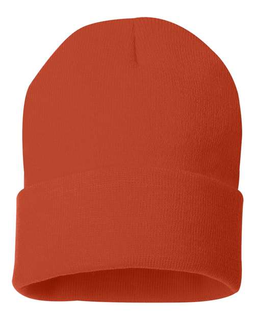 12-inch cuff beanie in rust orange knit with folded cuff and top seam