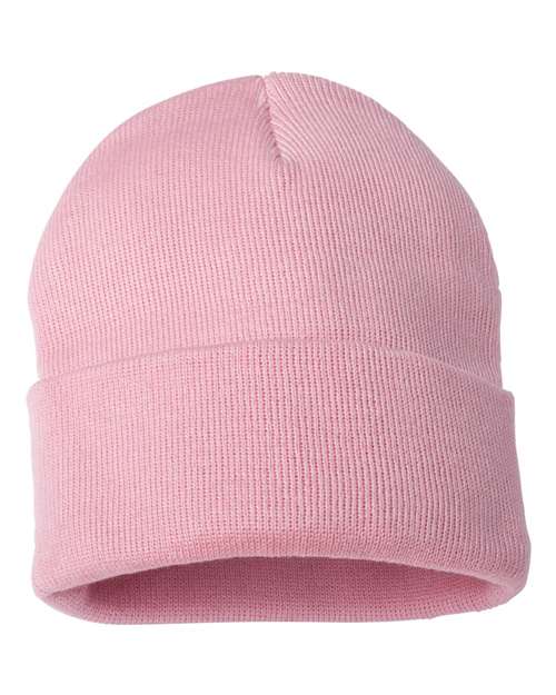 12-inch cuff beanie in light pink knit with folded cuff and centered seam