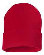 12-inch cuff beanie in red knit with folded cuff and centered top seam