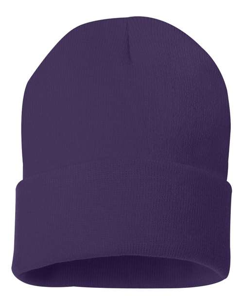12-inch cuff beanie in deep purple knit with folded cuff and top seam