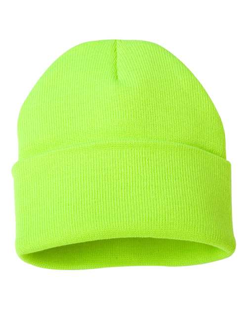 Cuff knit beanie in neon green with folded cuff