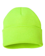 Cuff knit beanie in neon green with folded cuff