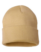 Cuff knit beanie in tan with folded cuff