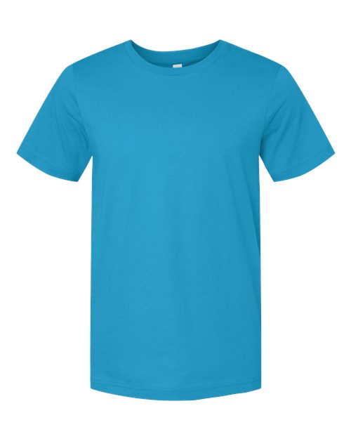 Turquoise blue crew-neck T-shirt with short sleeves and simple front design