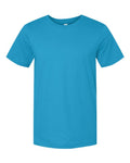 Turquoise blue crew-neck T-shirt with short sleeves and simple front design
