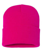 12-inch cuff beanie in bright pink knit with folded cuff and top seam
