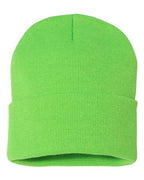 12-inch cuff beanie in neon green knit with folded cuff and centered seam
