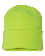 12-inch cuff beanie in lime green knit with folded cuff and top seam