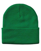 Cuff beanie in dark green knit with folded brim and center seam detail