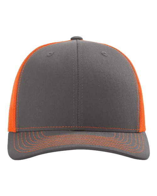 Baseball cap in dark gray with orange side panels and orange striped brim stitching