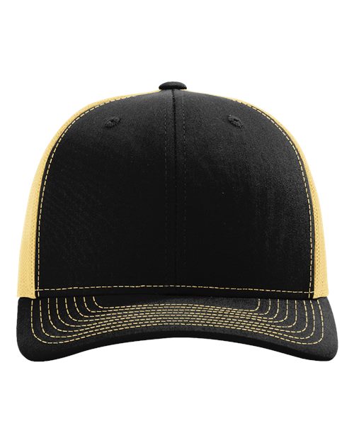 Black baseball cap with yellow side panels and striped yellow underbill detail