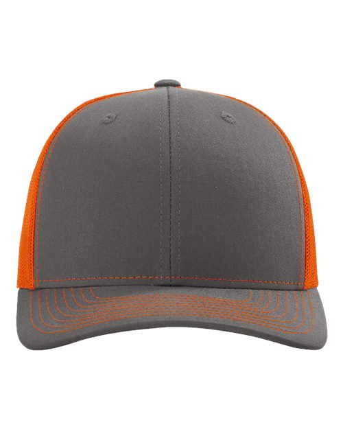 Baseball cap in dark gray with orange side panels and orange striped brim detail
