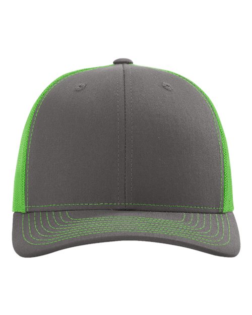 Dark gray baseball cap with neon green mesh back and green stitched curved brim.