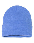 Cuff beanie in light blue knit with folded brim and center seam detail