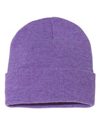 Cuff beanie in purple knit with folded brim and center seam detail