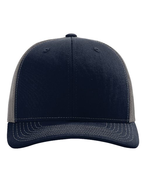 Richardson 112 trucker cap, dark navy front with matching brim and mesh side panels
