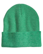 Cuff beanie in green knit with folded brim and center seam detail