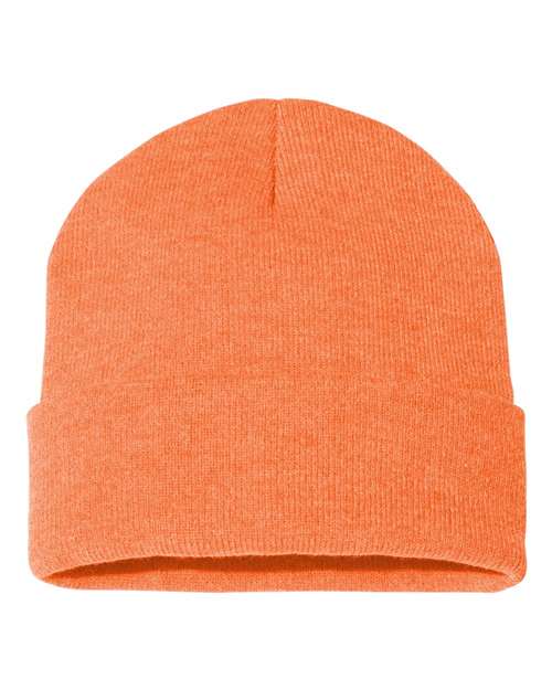 Cuff beanie in orange knit with folded brim and center seam detail