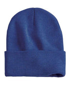 Cuff beanie in blue knit with folded brim and center seam detail
