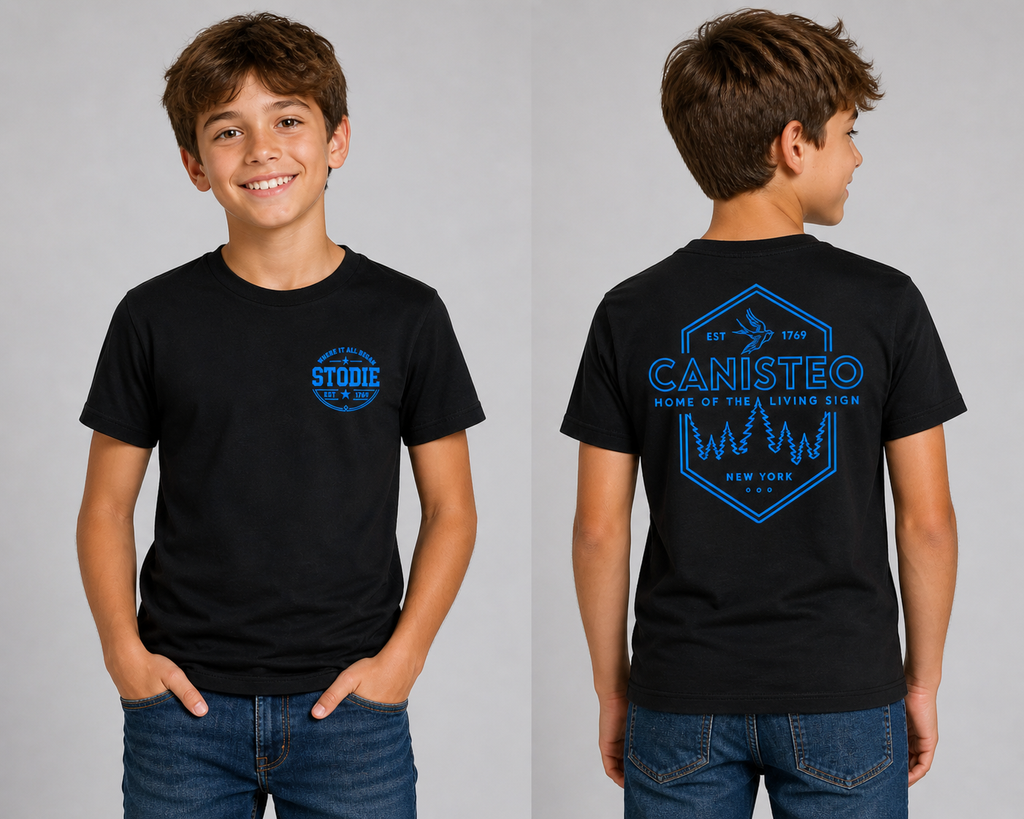 STODIE Unisex Next Level CVC Tee – Black w/ blue