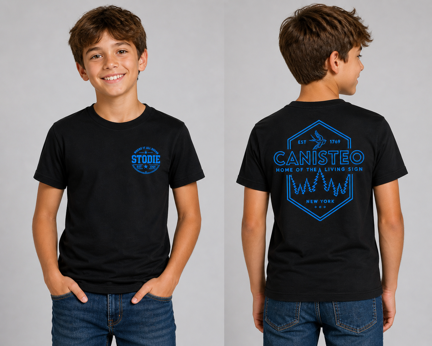 STODIE Unisex Next Level CVC Tee – Black w/ blue